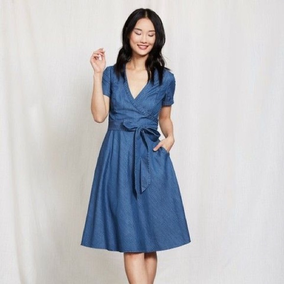 Boden Dresses & Skirts - Boden Womens 14 Long Blue Faux Wrap Dress Minimalist Preppy Nautical Casual